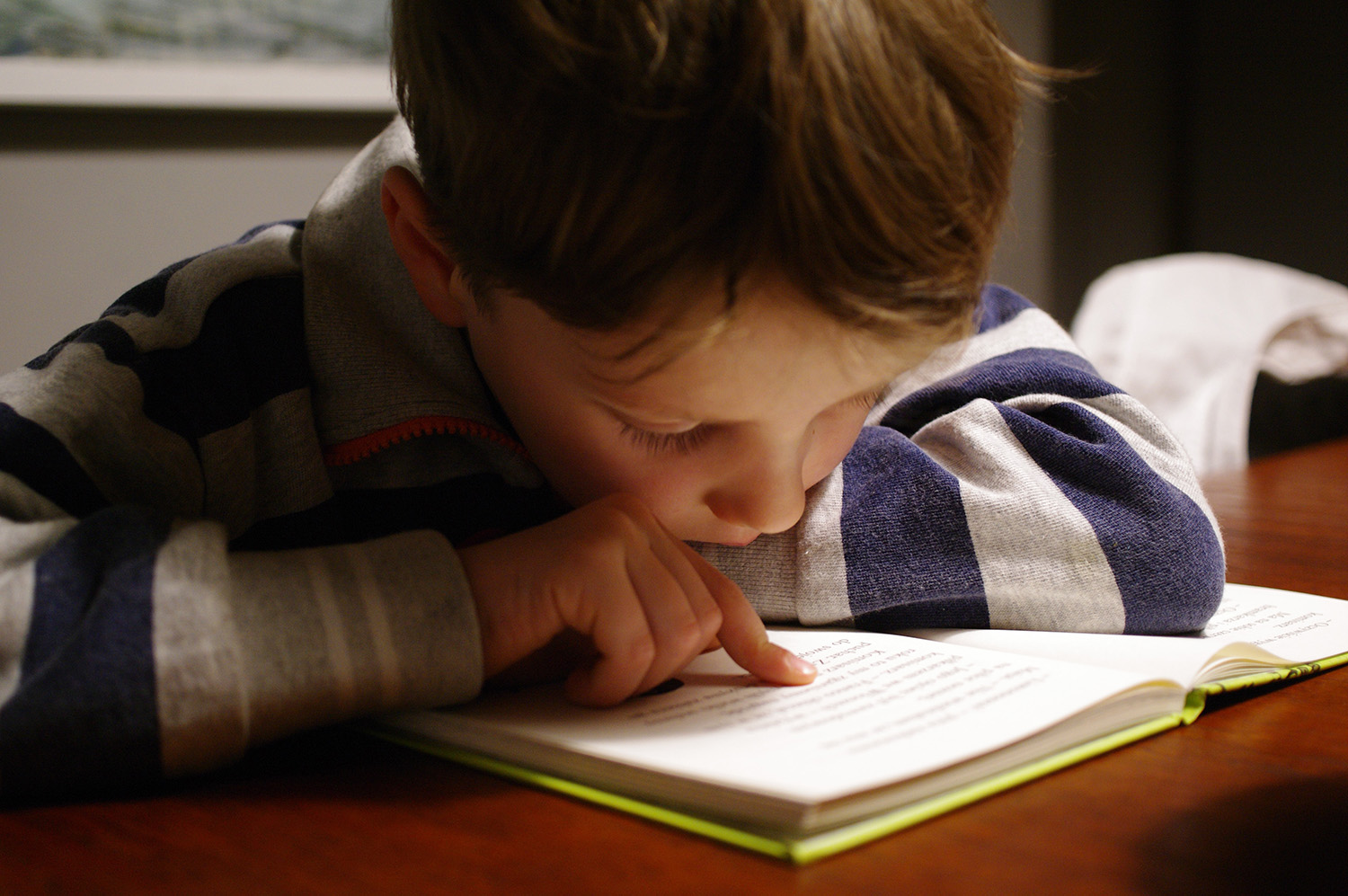 Little boy focusing hard on reading